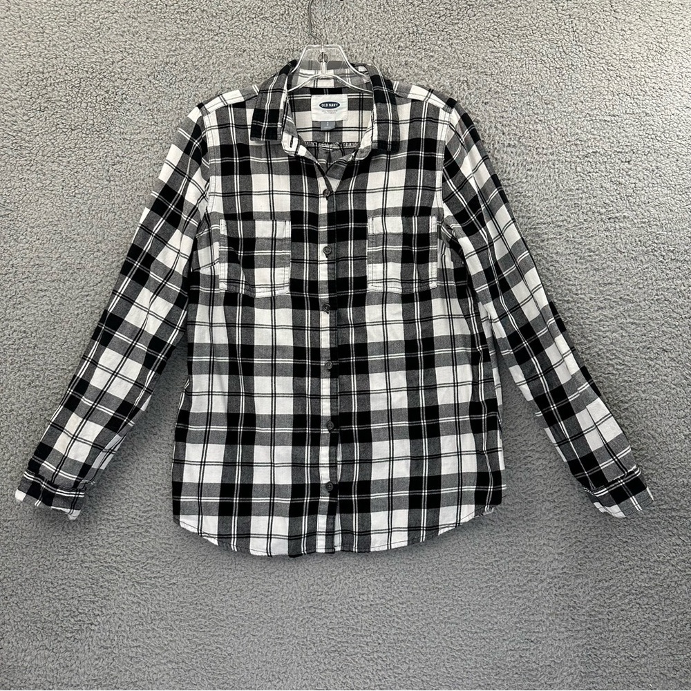 Old Navy Long Sleeve Button‎ Front Flannel White Buffalo Plaid Black Women's S
